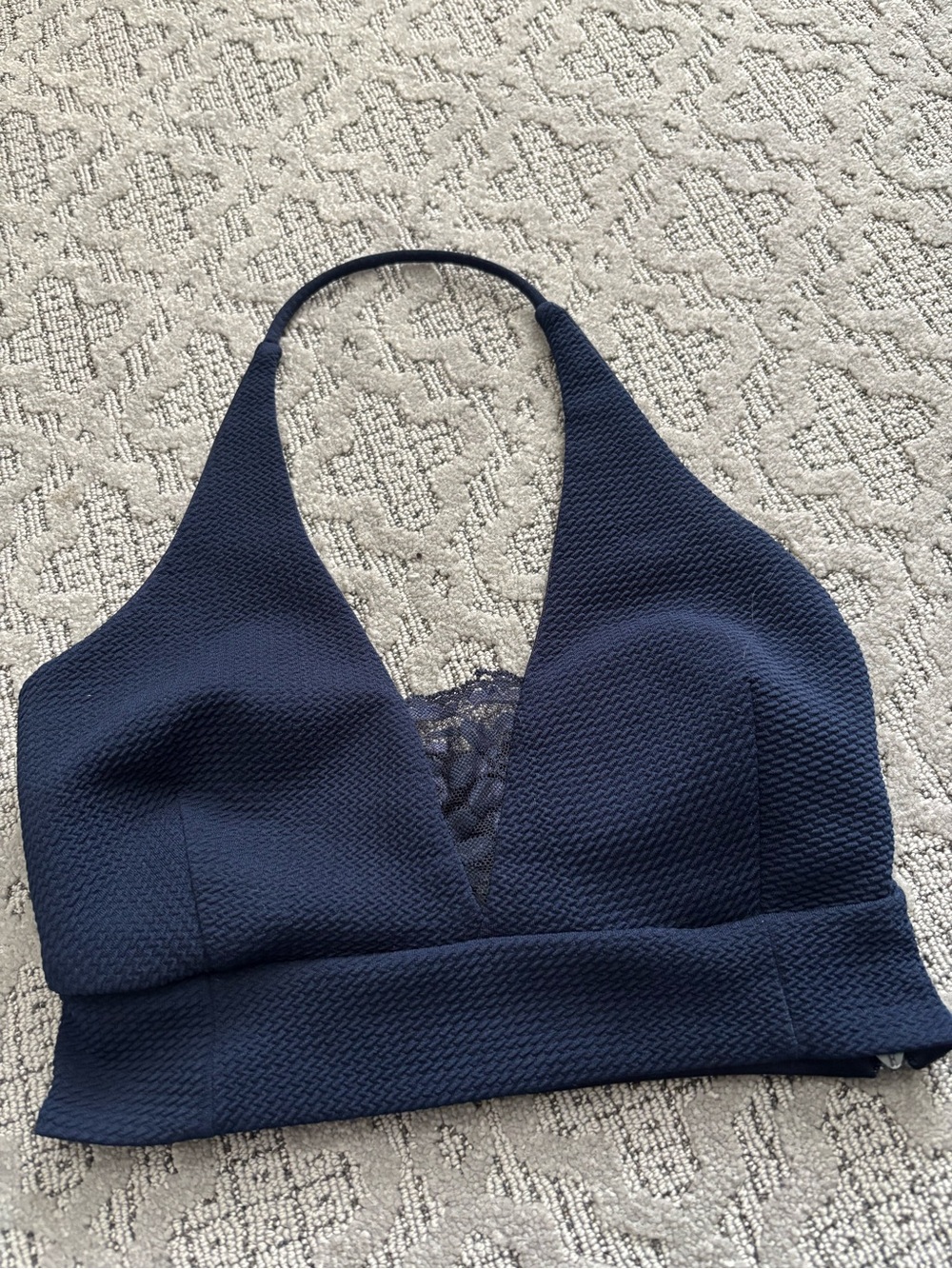 Revamped Navy Textured Halter Bralette with Lace Inset
